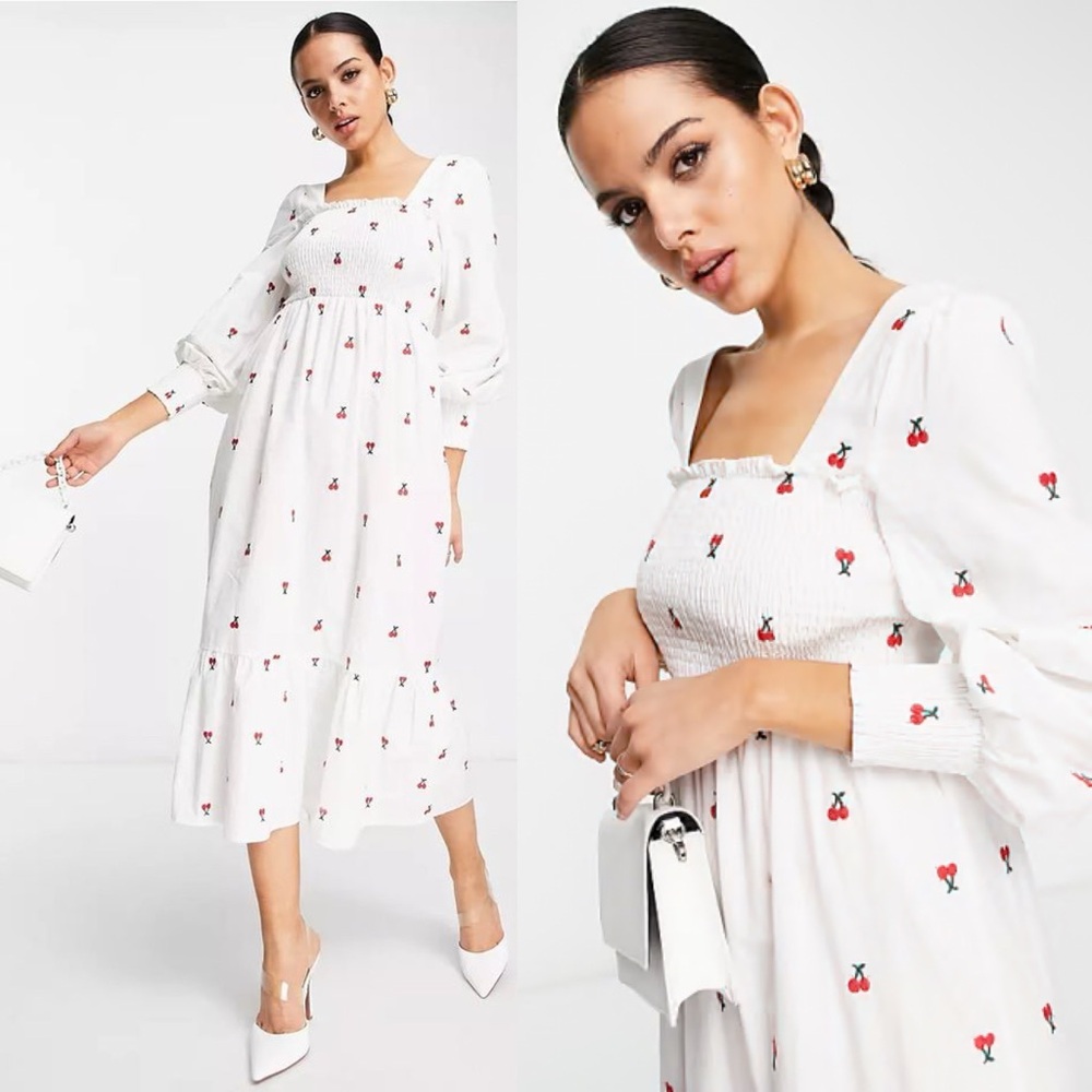 NEVER FULLY DRESSED Exclusive Shirred Smock Midi Dress In White Cherry Print